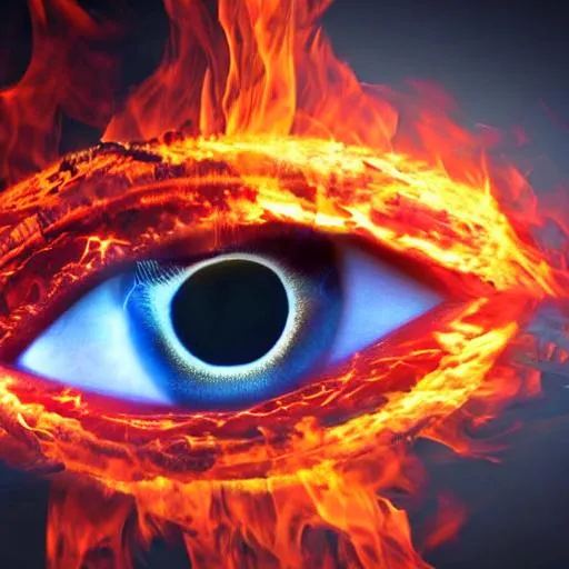 Prompt: an eye with fire swirling around in it 