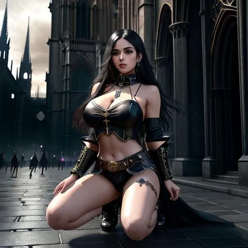 Prompt: splash art, hyper detailed perfect face, full body, In an ultra realistic, hyper detailed dark fantasy dystopian city, near a gigantic gothic cathedral, 

beautiful, adult fantasy Sorceress, full body, long legs, perfect body, visible midriff, 

wearing ultra detailed class armor, heavy iron steampunk collar, on her knees praying, magic aura surrounding her,

high-resolution cute face, perfect proportions, intricate hyper detailed hair, light makeup, sparkling, highly detailed intricate shining eyes,

Dark, ethereal, elegant, exquisite, graceful, delicate, intricate, hopeful, glamorous,

HDR, UHD, high res, 64k, cinematic lighting, special effects, hd octane render, professional photograph, studio lighting, trending on artstation, perfect studio lighting, perfect shading.
