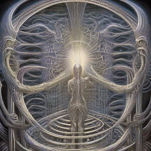 Prompt: illustration detailing how "Nothing became the only thing to cage the Infinite" depicting "God creating itself in a mirrored cage" by H.R. Giger and Alex Grey