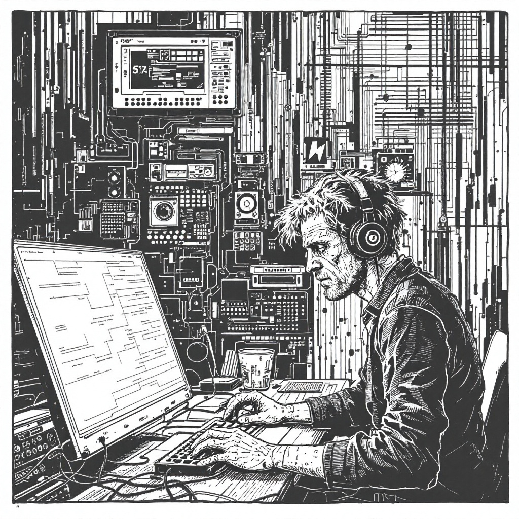 [LINOCUT drawing style] In the realm of the electron...