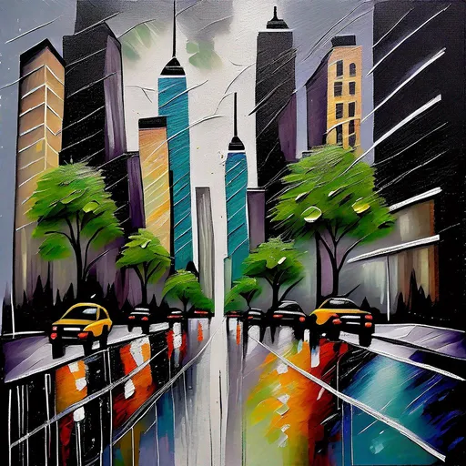 Prompt: A rainy day in The city of new your painting looking at a city street with tall sky scrapers on the side with trees growing out of the skyscrapers painting textured abstract 