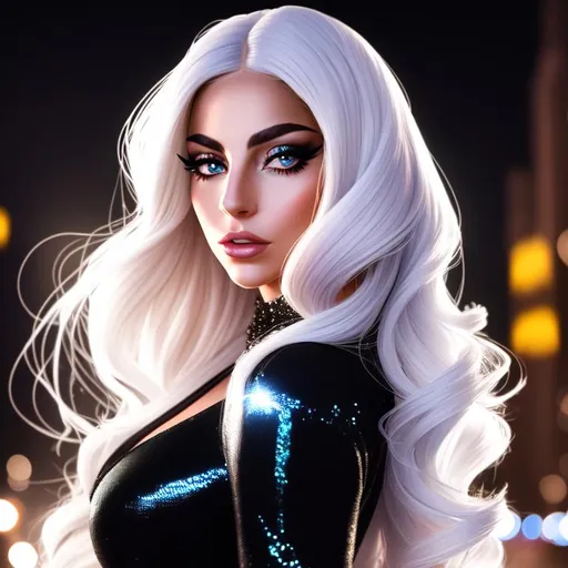 Prompt: 3/4 view face of a woman who looks like Lady Gaga, messy long hair, dark contrast, 3D lighting, soft light, background is nighttime in the city with stars and sparkles and light trails