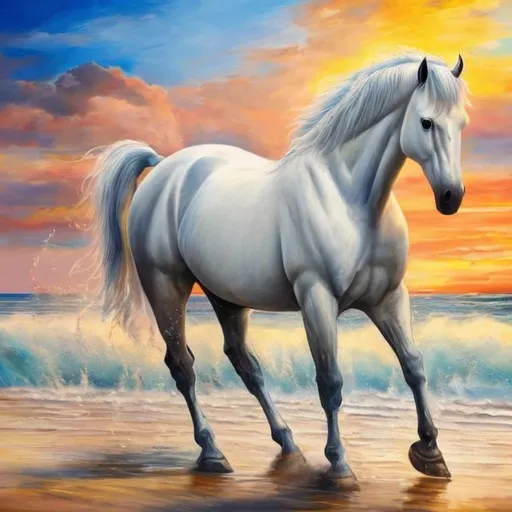 Prompt: oil color canvas of white horse with beach behind him and sunset view
