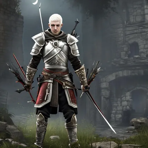 Prompt: male,young man,30-year-old,pale skin,mercenary,warrior,short hair,medieval,tough,handsome,white hair,albino,leather armor,full-body,holding crossbow,