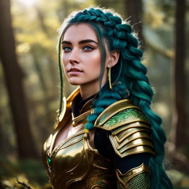 handsome female paladin warrior with long green hair