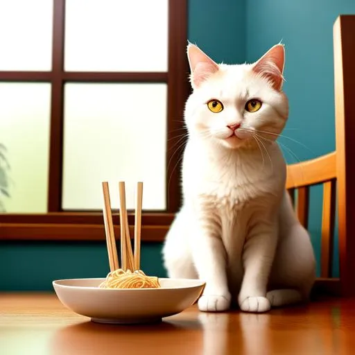 Prompt: A cat eating noodles with chopsticks, sitting on chair, furry, white cat, too lighting, symmetrical,