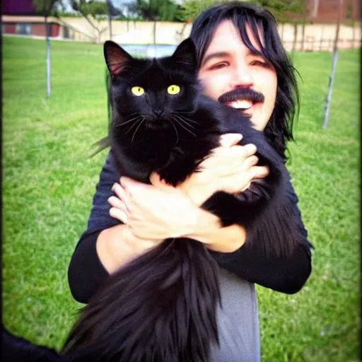 Prompt: black long haired cat named yahoo is jumping up into my arms