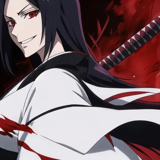 Prompt: Retsu Unohana, bankai, detailed epic, dark , red, blood, crazy smile 