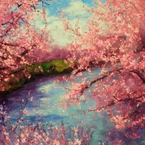 Prompt: Secret village, peach blossom tree, river, Shangri La, impressionist oil painting