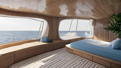 Prompt: a minimalist house interior inspired on a modern sailing yatch with marine walls with large square golden wood windows that look to a meadow at  cloudy sunrise and rounded white and marine blue checkerboard floors 