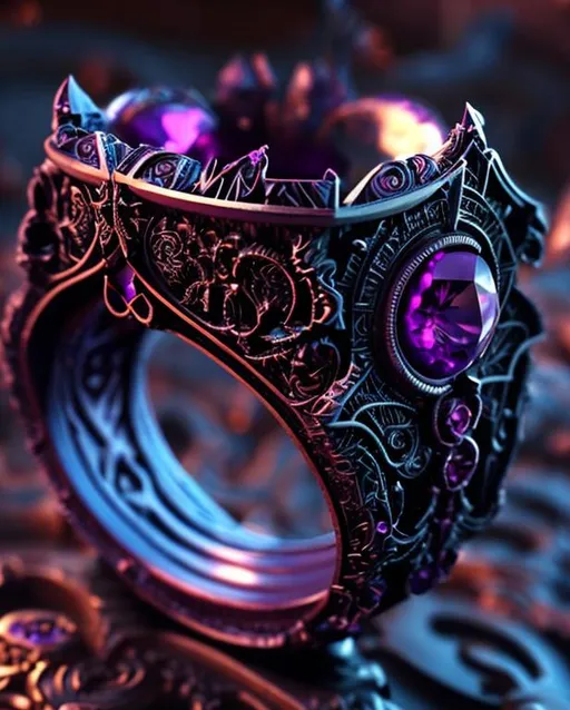 Prompt: a purple ring sitting on top of a table, 3d intricate shapes, the sailor galaxia. beautiful, dark!! intricate, povray, 3 d art, gothic and baroque, very detailed intricate intaglio, inspired by Kaja Foglio