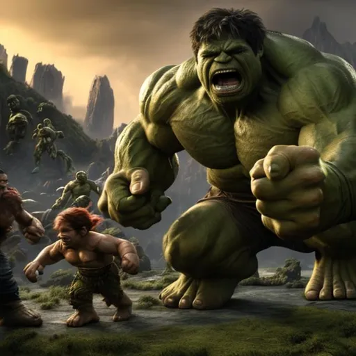 Prompt: photorealistic, the hulk fighting a lot dwarves