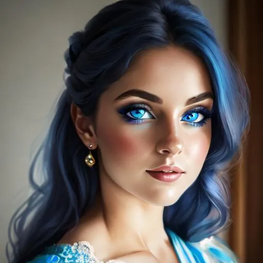 Prompt:  Girl with blue eyes wearing a blue dress, closeup
