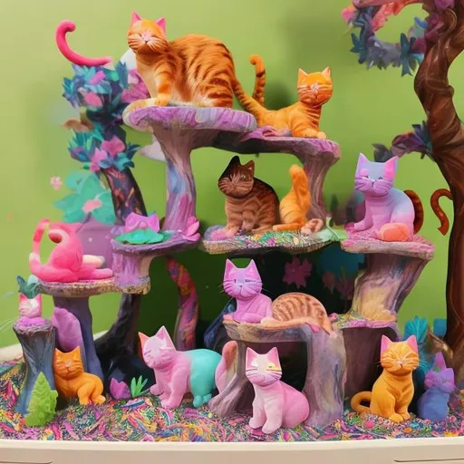 Prompt: Lisa frank style of cat forest diorama