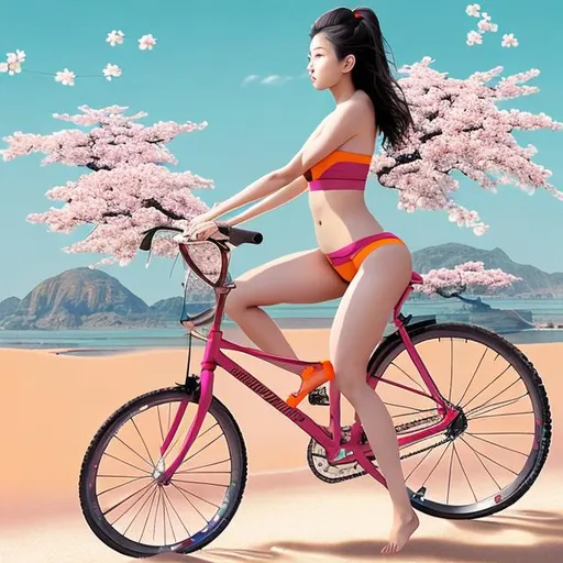 Prompt: Make a detailed hyper real 2120 mega pixel photographic style photo of Sakura in a saffron colour skimpy bikini riding a bicycle on a beach