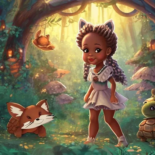 Prompt: A little cute African American girl in an enchanting forest with a cute fox and a turtle.