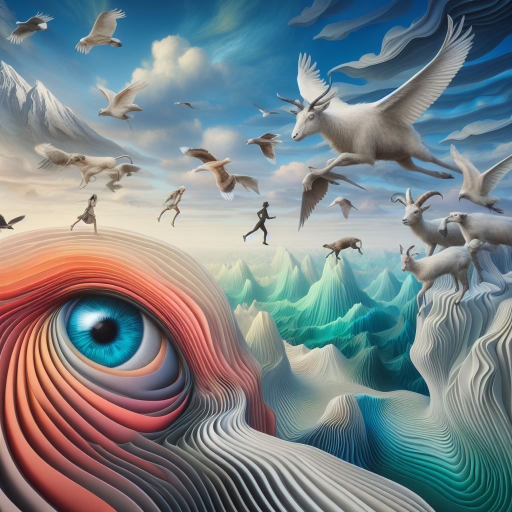 Prompt: a photo where animals are flying, in the style of psychedelic surrealist landscapes, surreal 3d landscapes, vladimir kush, martiros saryan, depth of layers, surreal human figures, wandering eye