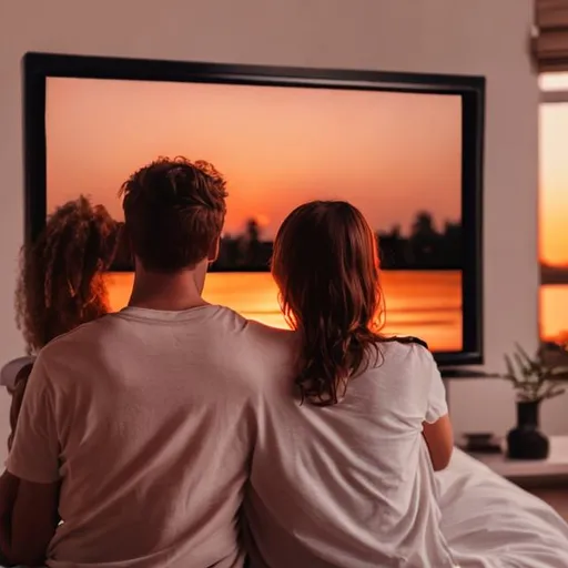 Prompt: Two lovers watching TV in the room at sunset