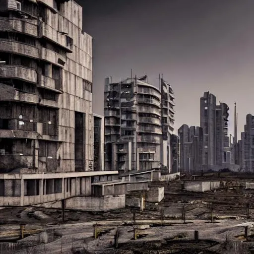 Prompt: Real photo of a twins Buildings, brutalism architecture, in post-apocalyptic town with wolves and old cars, photorealistic, sovietwave, 8k