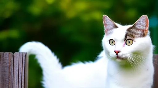 Prompt: A cat with thick white fur looking up at the night sky, round blue eyes, backdrop of sunrise in the horizon, wooden fence, flowering vines, dim lighting