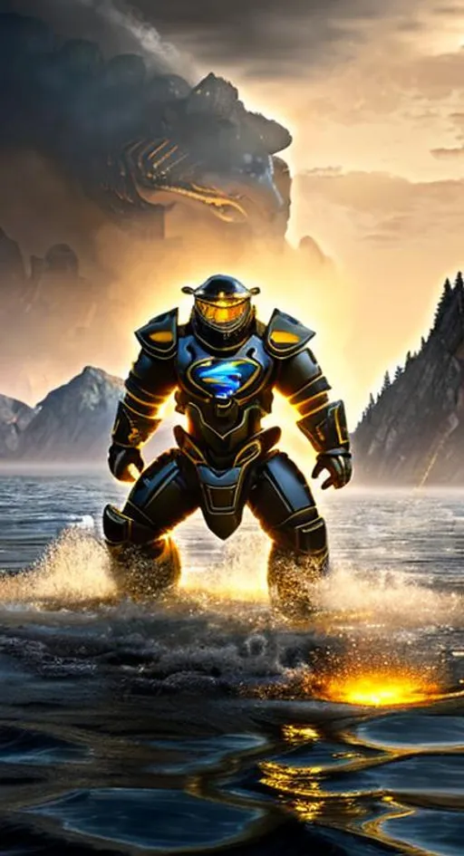Prompt: On the coast of rocky mountains, under o'clock in the morning, a soldier with gold armor swims over dark waters and fights a sea of electrical creatures. Fire and lightning are reflected in his armor, creating amazing graphic elements., Terms of reference, fantastic, epic, fascinatingly spectacular, hyperrealistic, highly detailed, high quality 32k, unreal engine,
