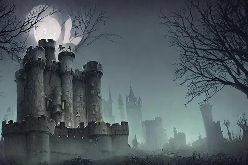 Prompt: medievil fortress at night gloomy