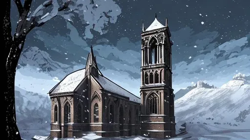 Prompt: An Illustration of a large Gothic bell tower that sits upon a large snowy hill overlooking a massive expanse. 