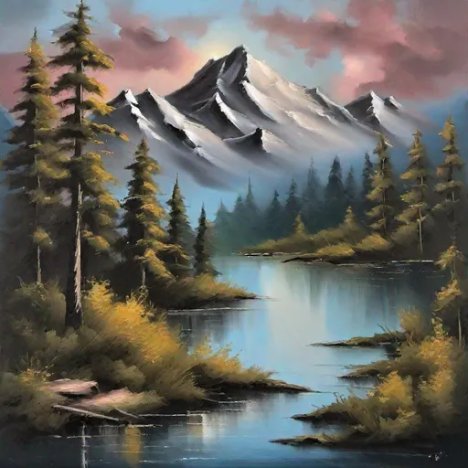 Prompt: A mountain evening in the style of Bob Ross oil painting