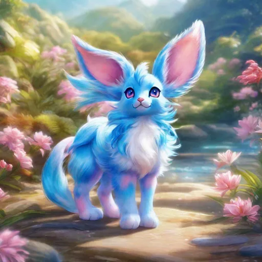 Prompt: (blue Sylveon), realistic, photograph, fantasy, epic watercolor painting, (hyper real), furry, (hyper detailed), extremely beautiful, (on back), playful, UHD, studio lighting, best quality, professional, ray tracing, 8k eyes, 8k, highly detailed, highly detailed fur, hyper realistic thick fur, canine quadruped, (high quality fur), fluffy, fuzzy, full body shot, hyper detailed eyes, perfect composition, hyper realistic depth, ray tracing, vector art, masterpiece, trending, instagram, artstation, deviantart, best art, best photograph, unreal engine, high octane, cute, adorable smile, lying on back, flipped on back, lazy, peaceful, (highly detailed background), vivid, vibrant, intricate facial detail, incredibly sharp detailed eyes, incredibly realistic scarlet fur, concept art, anne stokes, yuino chiri, character reveal, extremely detailed fur, sapphire sky, complementary colors, golden ratio, rich shading, vivid colors, high saturation colors, nintendo, pokemon, silver light beams
