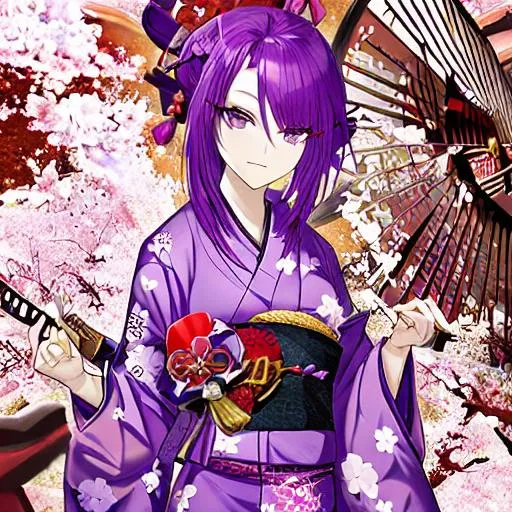 Prompt: Purple haired Japanese woman in kimono with a sword 