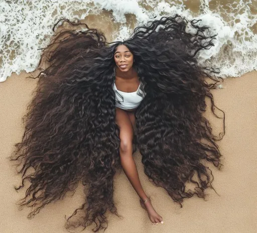 Prompt: black woman with long wavy hair facing the beach
