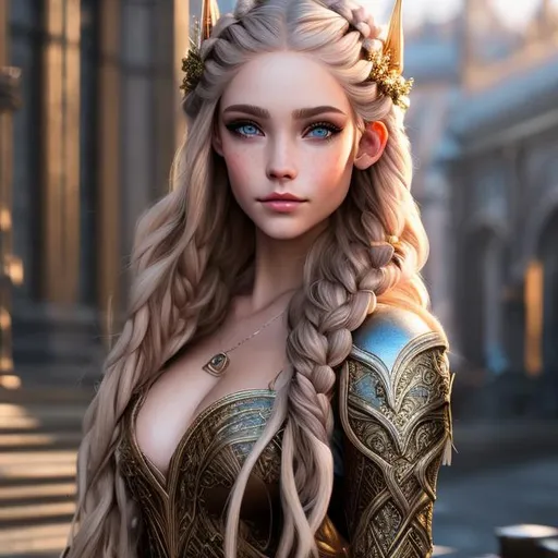 Prompt: Realistic, High Resolution, High Elf, Cleric, Blonde Hair, Green Eyes, Female, Light Tan, Full-body, Long Hair, Braids In Hair, Light Freckles On Cheeks, Natural Makeup, Medium Armor, Leather Armor, Elven City Background, Divine Magic, Beautiful Face, masterpiece, best quality, super detailed, high resolution, very detailed, 8k uhd, realistic, (natural light), amazing, fine detail, best, high quality, RAW photo, Fighting stance, wielding a lance, Hair jewelry, Angelic, wings.