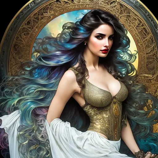 Prompt: Ana de armas, Alphonse Mucha, Luis Royo, Joyce ballantyne, rainbow hair