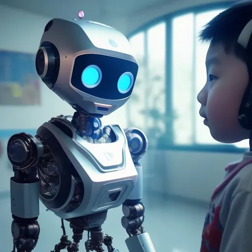 Prompt: A robot with teaching lessons to a child in cyber space, wide angle lens, realistic, 4k, pencahayaan natural, Documentary photography style. --ar 4:5