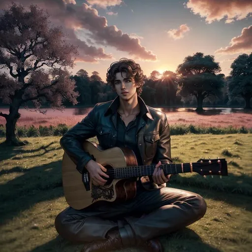 Prompt: {center shot} 3D, HD, Holy, Dreamy, Vibrant, Handsome!!!!("[{Male}Guitarist!!! with ultrafine curly brown hair] and seated by an {oak}tree next to the riverbank at sunset}", dramatic sunset clouds sky, expansive woodland meadow background, ultra-detailed, backlit, shadows, ultra-sharp focus, ultrafine symmetrical details, ominous, intricate, cinematic character render, 64K --s98500