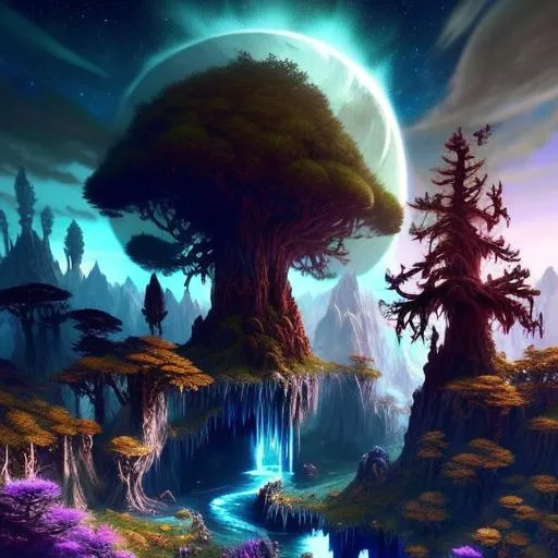 Prompt: Highly detailed video game level design, fantasy planet landscape, moon, clouds, stars, planets, waterfalls, nebulae, mystical, light pillars, ancient redwood trees on an island, #ff5500, #ff008c, #13ecb7, trending on artstation, beautiful, tonemapping, fantasy art, digital painting, hyperrealism, hyperdetailed, landscape, photorealistic, radiant, vibrant, , abandoned ship, has a mountain in the background, full shot