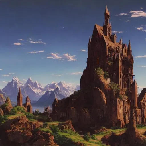 Prompt: anime european grand gothic castle landscape with mountains
