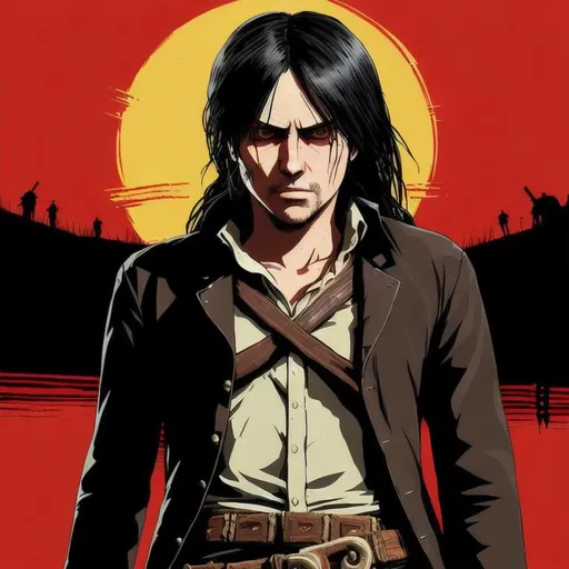 Prompt: Portrait of eren yeager as a character in red dead redemption 2, very Long hair, short beard, black outfit