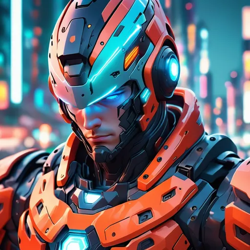 Prompt: (ultra-detailed) close up of a male soldier, (high tech battle armor), vibrant colors, sci-fi atmosphere, lineless art style, striking facial features, sleek design, digital rendering, blurred city background, (4K resolution), dynamic lighting, otherworldly ambiance.