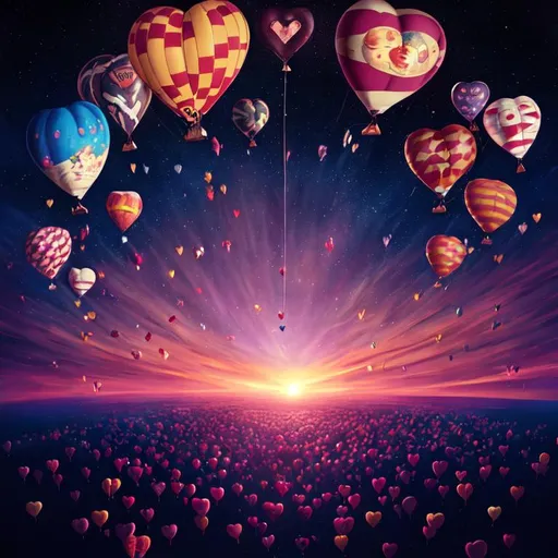 Prompt: An epic fantastic realism comic book style painting of the most beautiful spinning HEARTS, BALLOONS, FLOWERS, SUNSETS , launched across the dark and starry night sky,  fisheye, unreal 5, DAZ, hyperrealistic, octane render, dynamic lighting