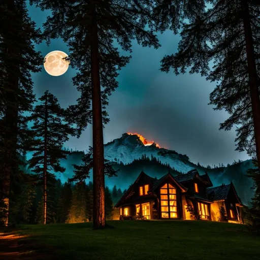 Prompt: horror house, night ,  moon, mountain , dark forest , fire lamp, 