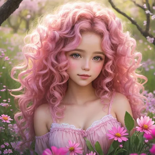 Prompt: a young fairy of spring, very curly hair, pink glow on cheeks,wildflowers, vivid colors, closeup