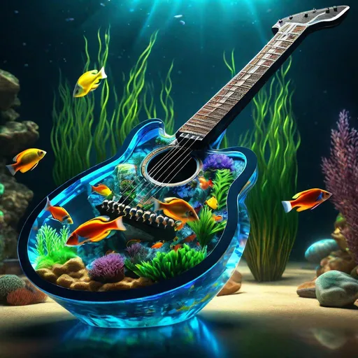 Prompt: 3D, HD,Full length photo  guitar shaped aquarium , filled with colorful fish and marine plants inside. super clear resolution, high definition, extremely detailed, colorful, 32 k, cinematic postprocessing, crisp quality, 3d, photorealistic, award winning, cinematic lightning