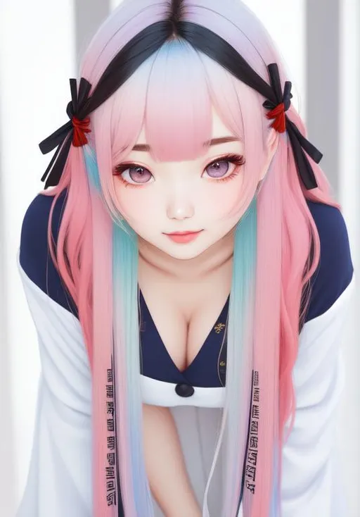 Prompt: ombre hair, korean, bangs  covering one eye, solo, pale skin, busty, mole under eye, mole on {{breast}},  13 year old girl, fullbody, XXXXXX hair accessory, ((full body)) {{good looking}} {{cute}} {{good body}} {{tight}}, symmetrically colored hair, {{shadows}},
