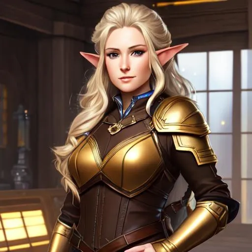 Prompt: oil painting, UHD,  8k, Very detailed, panned out view, whole character, female pathfinder elf, old adult, golden hair, brown leather suit