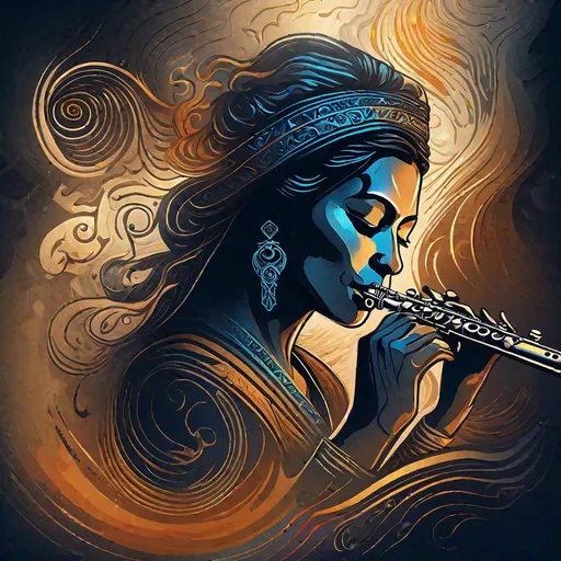 Prompt: very detailed super empath portrait, flute playing ,Digital illustration,  4k, calligraphy, hieroglyphs smooth lines, gradient fills, beautiful curves, flowing shadows, alternating light and shadow areas, shadows dancing in the rhythm of smoke