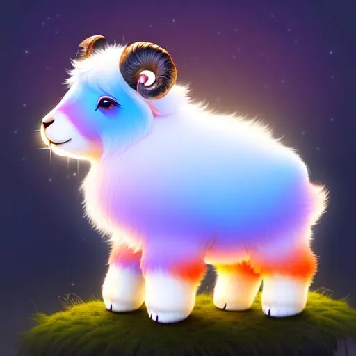 Prompt: side view, wide view, 7 "colorful, proud, fat, "baby ram", with a halo", checking her phone, glowing, realistic, spiked hair, fluffy, silky, furry, backlit, warm tones, night-sky, moss, indigo, cream, coral, bone-white, photorealistic eyes, : ornate, dynamic, particulate, intricate, elegant, highly detailed, centered, artstation, airbrush, acrylic on paper, volumetric lighting, occlusion, smooth, sharp focus, 128K UHD octane render, w more d etail.