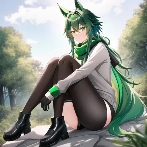 Prompt: Male. masculine build. human animatronic hybrid, with focused emerald eyes. Emerald colored feathery PEGASUS tail. Short dark Green ombre hair. horse ears. adult He wears grey comfy leggings, a white oversized sweater, brown boots. And a green scarf. Anime style. UHD, HD, 4K. In the forest.