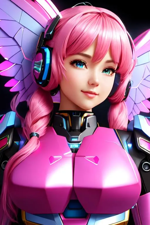 Prompt: close up shot, cinematic shot,

a beautiful mecha girl, twin tail, happy, cool, elegant, pink hair, blue mecha halo, mecha wings, detailed mecha body, detailed accessories, hyper detailed mechanical industrial room background,

hyper realistic, photo realistic, ultra HD, 64k, dynamic lighting, studio lighting, masterpiece, professional artwork, professional character design