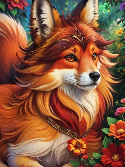 Prompt: (3D, 8k, masterpiece, oil painting, professional, UHD character, UHD background) Portrait of Vixey, Fox and Hound, brilliant red fur, brilliant amber eyes, big sharp 8k eyes, sweetly peacefully smiling, enchanted garden, vibrant flowers, vivid colors, lively colors, vibrant, high saturation colors, flower wreath, highly detailed fur, highly detailed eyes, highly detailed defined face, highly detailed defined furry legs, highly detailed background, full body focus, mid shot, mid close-up, UHD, HDR, highly detailed, golden ratio, perfect composition, symmetric, 64k, Kentaro Miura, Yuino Chiri, intricate detail, intricately detailed face, intricate facial detail, highly detailed fur, intricately detailed mouth